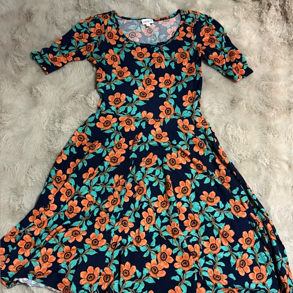 Lularoe Navy Floral Fit & Flare Dress with Orange Blossoms